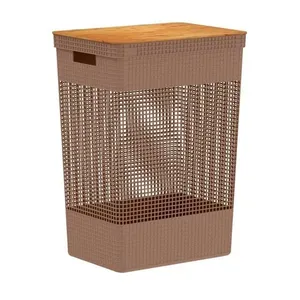 Cesto De Roupa Grid Marrom Amêndoa 49 L Com Tampa De Bambu 38 X 28 X 55,6 Cm Ou