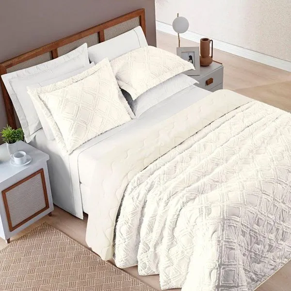 Kit Cobre Leito Colcha Adele King 300 Fios Branco Off White