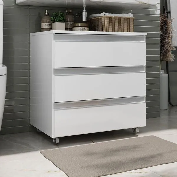 Gabinete Banheiro Rodinhas Joia 60cm 03 Gavetas Branco Inteiro