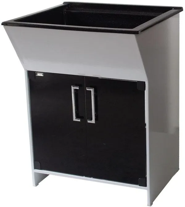 Tanque de Lavar Roupa com Gabinete 2 Portas Venturi Pedra Ardósia Cuba de Marmorite e Portas de Vidro Preto 60 Litros