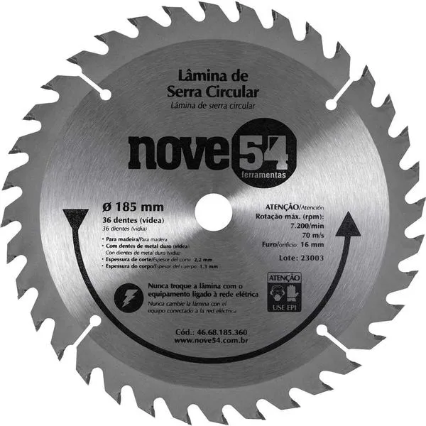 Lâmina de serra circular com 36 dentes de metal duro/vídea 185mmx16mm NOVE54