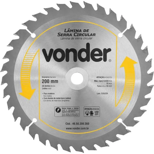 Lâmina de serra circular 200mm x 30mm 36 dentes duro/vídea - VONDER