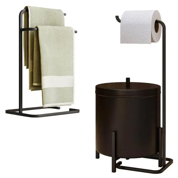 Kit Porta Toalha De Rosto Lixeira 6l E Porta Papel Higiênico Eleganza Metal Preto