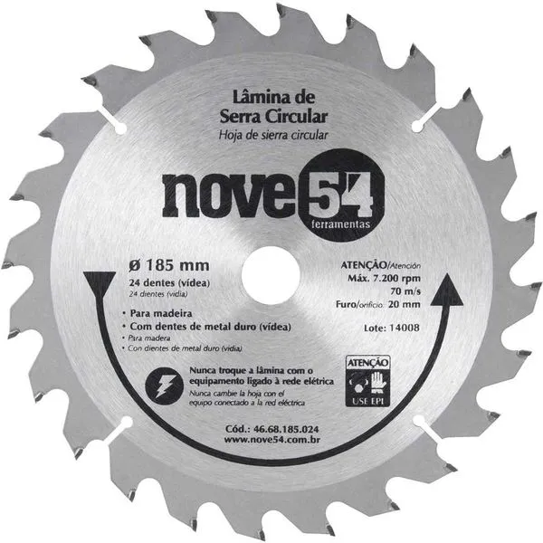 Lâmina de serra circular 185mm x 20mm 24 dentes metal duro/vídea - NOVE54