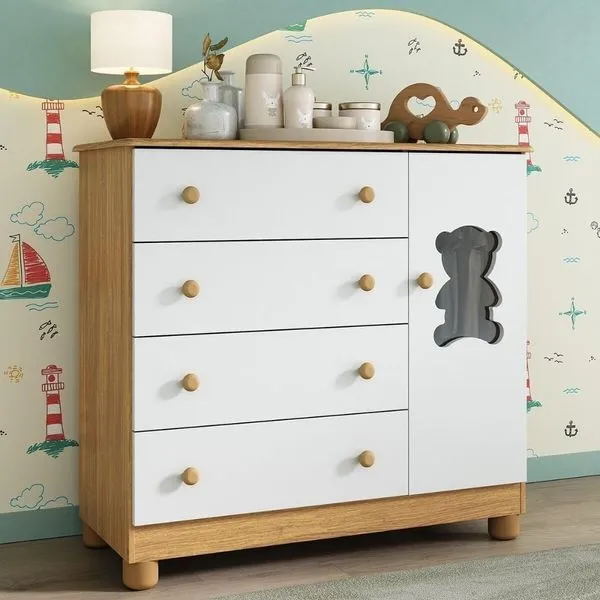 Cômoda Infantil 95cm 1 Porta Com Vidro E 4 Gavetas Fofura Multimóveis Mp4484 Madeirado/branco Madeirado/branco
