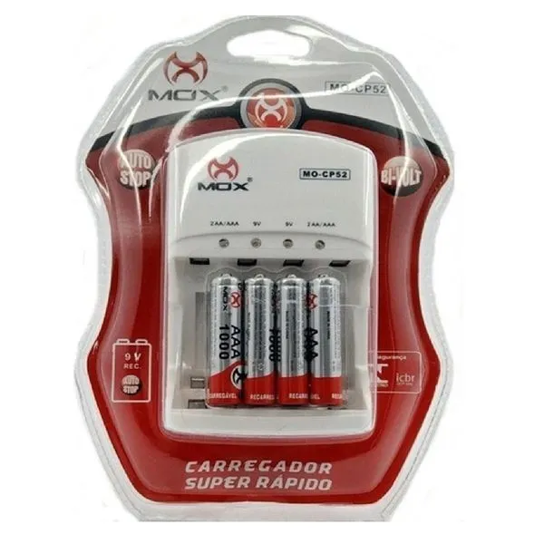 Carregador de Pilhas e Baterias com 4 Pilhas AAA 1000 Mah Mox CP52