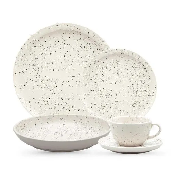 Kit Aparelho de Jantar e Chá Flat Chuvisco 20 Peças Cerâmica Off White