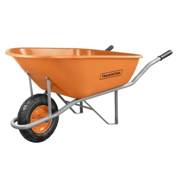 Carrinho de Mão Tramontina com Caçamba Plástica Laranja Extrafunda 4,8 mm 110 L, Braço Metálico e Pneu com Câmara