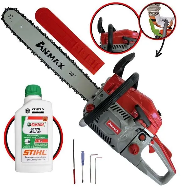 Motosserra Anmax Cs5800a à Gasolina 2t 58cc 3,1hp Sabre 20'' Ponta Rolante Profissional + Óleo Castrol Stihl 500ml