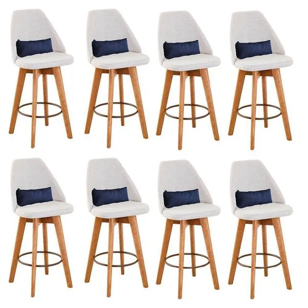 Kit 08 Banquetas Alta Maya Giratória Com Encosto Linho Bege Claro e Almofada Suede Azul Marinho - Aurora Line