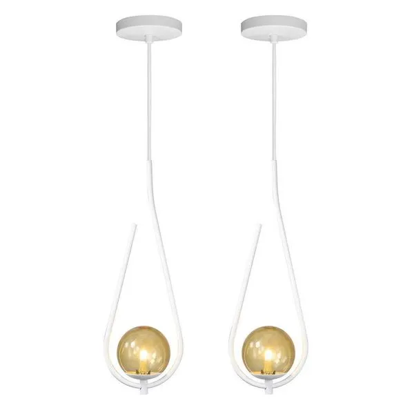 Kit 2 Pendentes Lustre On Drop Branco Globo De Vidro âmbar