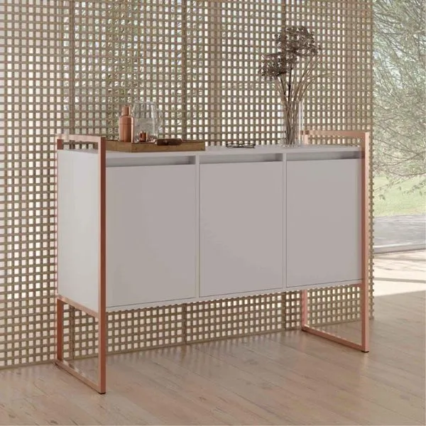 Aparador Buffet Industrial 3 Portas Sala De Estar Branco Cobre