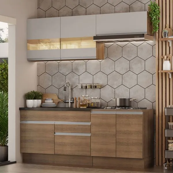 Armário de Cozinha Compacta 200cm Rustic/Crema Glamy Madesa 07 Cor:Rustic/Rustic/Crema