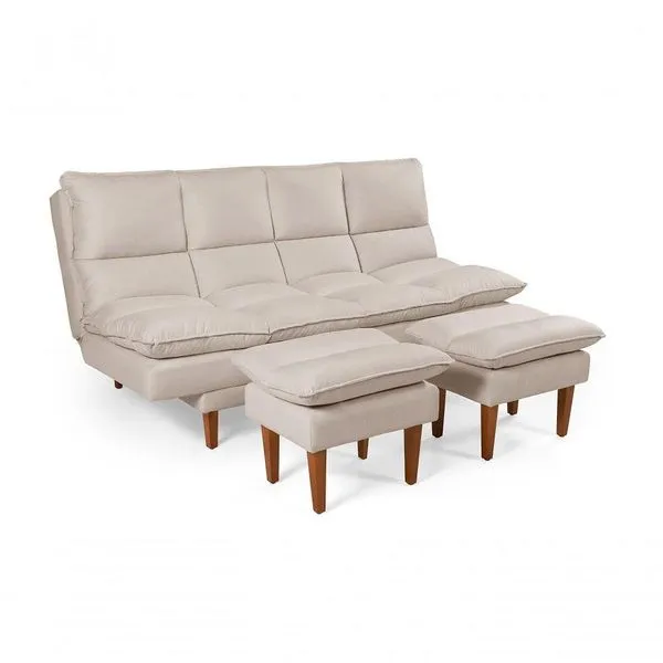 Sofá Cama Andorra 3 Lugares Império Reclinável Casal Pés Madeira Com Banqueta Suede Areia 376