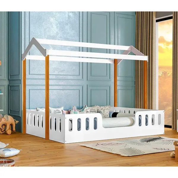 Cama Para Criança Infantil Ágatha Montessoriana Casal Casinha Segura - Branca/Mel