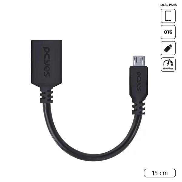 Adaptador OTG Micro USB para USB 2.0 15CM Preto Conexão com Celulares Smartphones Tablets - PAMUP-15