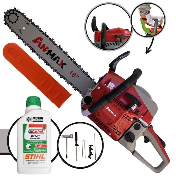Motosserra Anmax Cs5200b à Gasolina 2t 52cc 2,7hp Sabre 18'' Ponta Rolante Profissional + Óleo Castrol Stihl 500ml