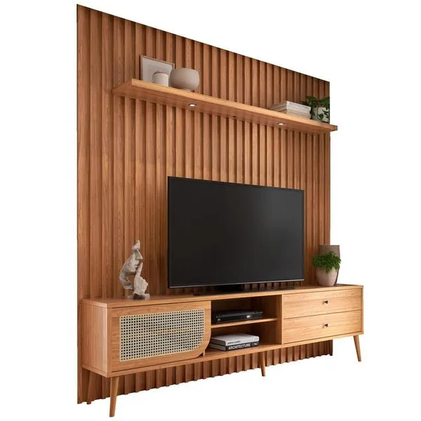 Rack Para Sala com Painel Ripado Para TV 60 Pol Fita LED Ada D03 Freijó - Lyam Decor