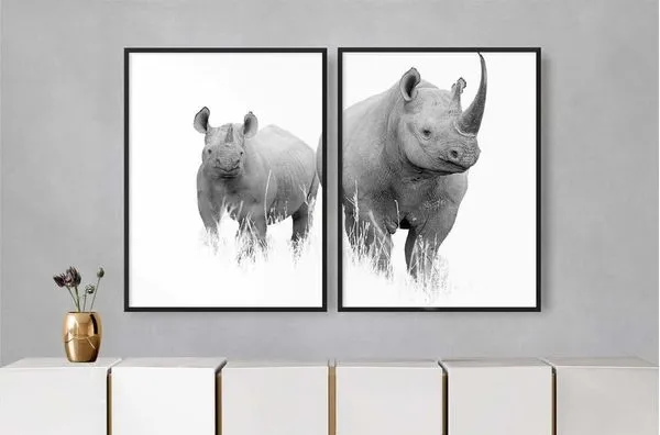Quadro Decorativo Rinocerontes Preto e Branco Illuminato Kit com 2 Unidades