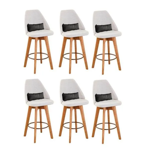 Kit 06 Banquetas Alta Maya Giratória Com Encosto Gourmet Linho Bege e Almofada Suede Cinza - Aurora Line