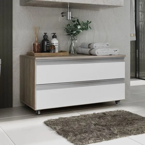 Gabinete Banheiro Rodinhas Joia 80cm 02 Gavetas Madeirado Branco