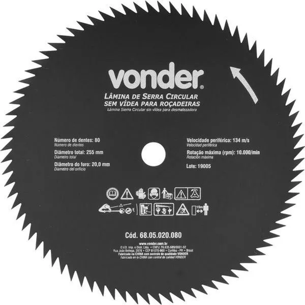 Lâmina Circular Para Roçadeira S- Videa 255x20,0x80 Vonder