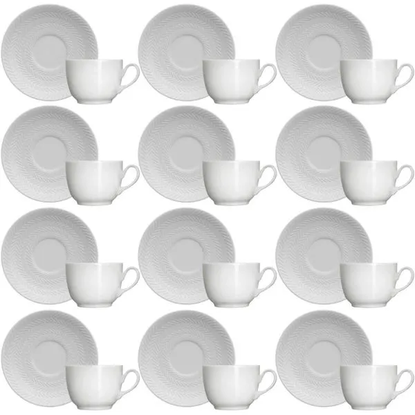 Jogo 12 Xícaras com Pires 75ml Café Porcelana Branca Relevo Chevron Germer