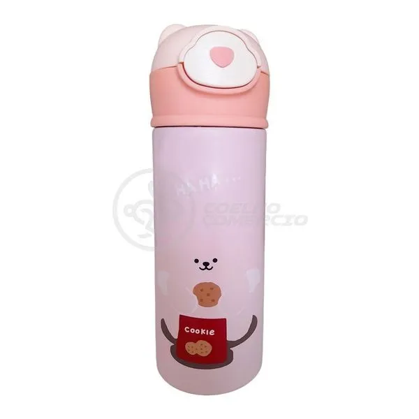 Garrafa Térmica De Ursinho Rosa Infantil 420ml Com Trava De Tampa E Canudo De Silicone
