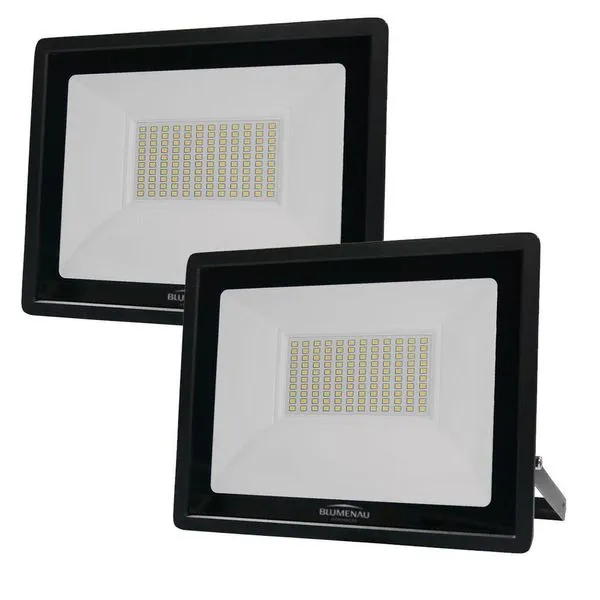 Kit 2 Refletor De Led Slim 100w Prova Dágua Preto Bivolt 6500k Frio