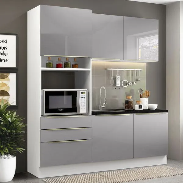 Armário de Cozinha Compacta 180cm Branco/Cinza Lux Madesa 01 Cor:Branco/Cinza