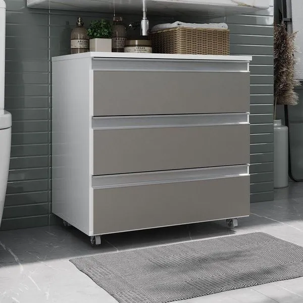 Gabinete Banheiro Rodinhas Joia 60cm 03 Gavetas Branco Cinza