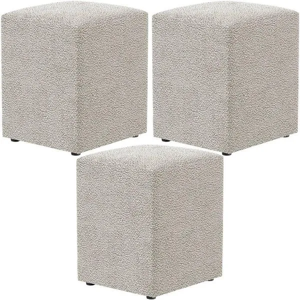 Kit 03 Puffs Quadrado Decorativo L02 Bouclê Creme - Lyam Decor