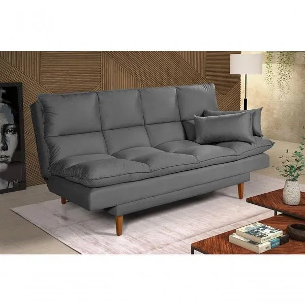 Sofá Cama Andorra 3 Lugares Império Reclinável Casal Pés Madeira Suede Cinza 380