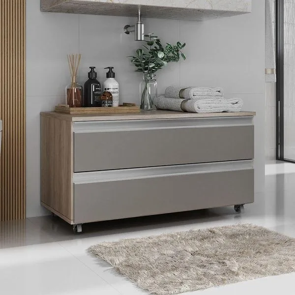 Gabinete Banheiro Rodinhas Joia 80cm 02 Gavetas Madeirado Cinza