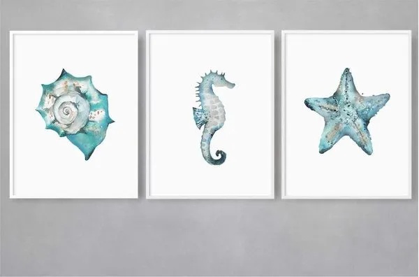 Quadro Decorativo Illuminato Vindos do Mar Pintura Azul Kit com 3 Peças