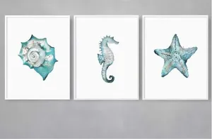 Quadro Decorativo Illuminato Vindos do Mar Pintura Azul Kit com 3 Peças