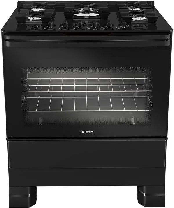 Fogão a Gás de Piso 5 Bocas Mueller MFV5BF com Mesa de Vidro Acendimento Automático Preto Fosco Bivolt