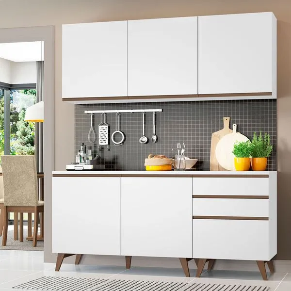 Armário de Cozinha Compacta Madesa Reims com Balcão 5 Portas 3 Gavetas Branco Cor:Branco