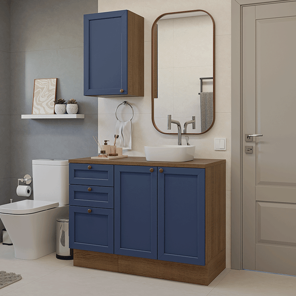 Conjunto Gabinete para Banheiro 110cm 3 Gavetas 3 Portas Rustic/Azul Vik Madesa 01 Cor:Rustic/Azul