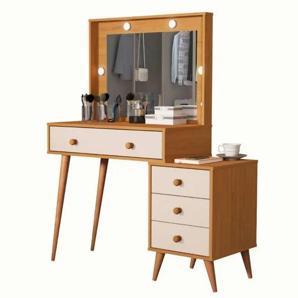 Penteadeira Camarim Com Mesa De Cabeceira Espelho Led 4 Gavetas Pés Em Madeira Nature / Offwhite