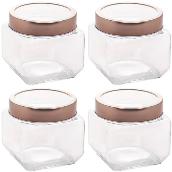 Conjunto de Potes de Vidro Lyor Gastro 800ml 4 Porta Mantimento com Tampa Metal Rose Gold