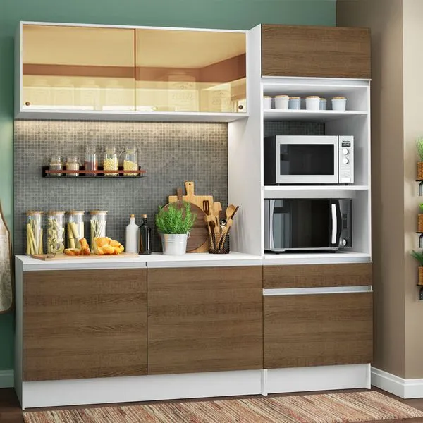 Cozinha Compacta Madesa Diamante Pop com Armário, Balcão e Tampo Branco/Rustic Cor:Branco/Rustic