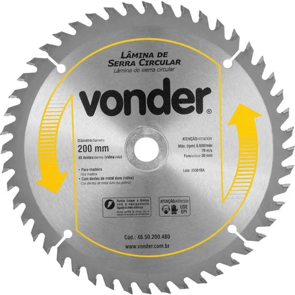 Lâmina de serra circular 200mmx30mm 48 dentes de metal duro/vídea -VONDER