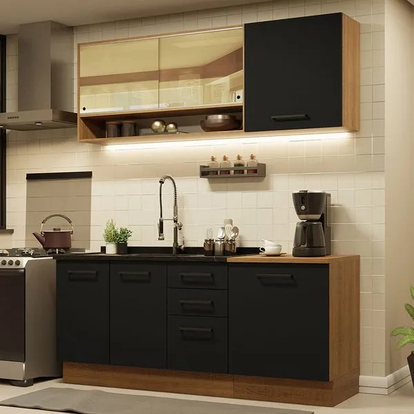 Armário de Cozinha Compacta 180cm Rustic Preto Agata Madesa 02 Cor:Rustic Preto