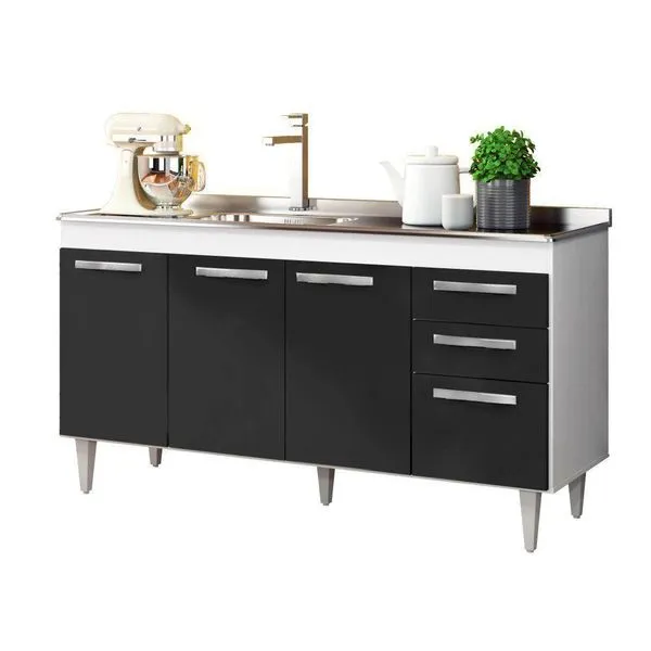 Balcão Gabinete Com Pia Inox 150cm Lisboa - Lumil Móveis Branco-preto