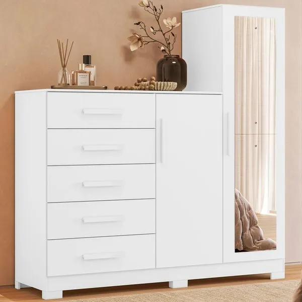 Cômoda para Quarto 5 Gavetas e 2 Portas com Espelho New Master Branco