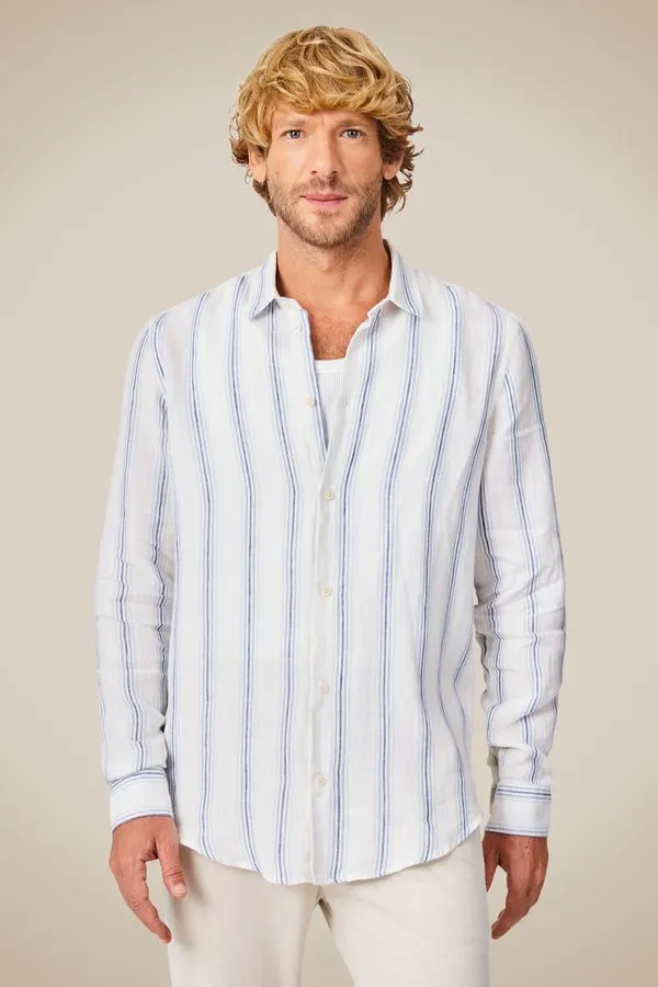 Camisa Linho Listrado Velas Azul Claro - M