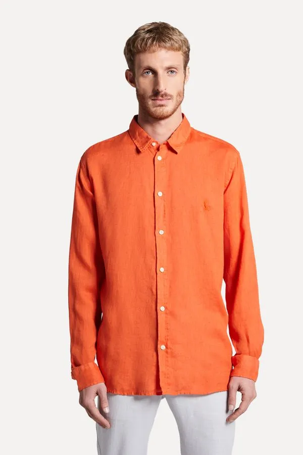 Camisa Manga Longa Linho Laranja Queimado - Gg