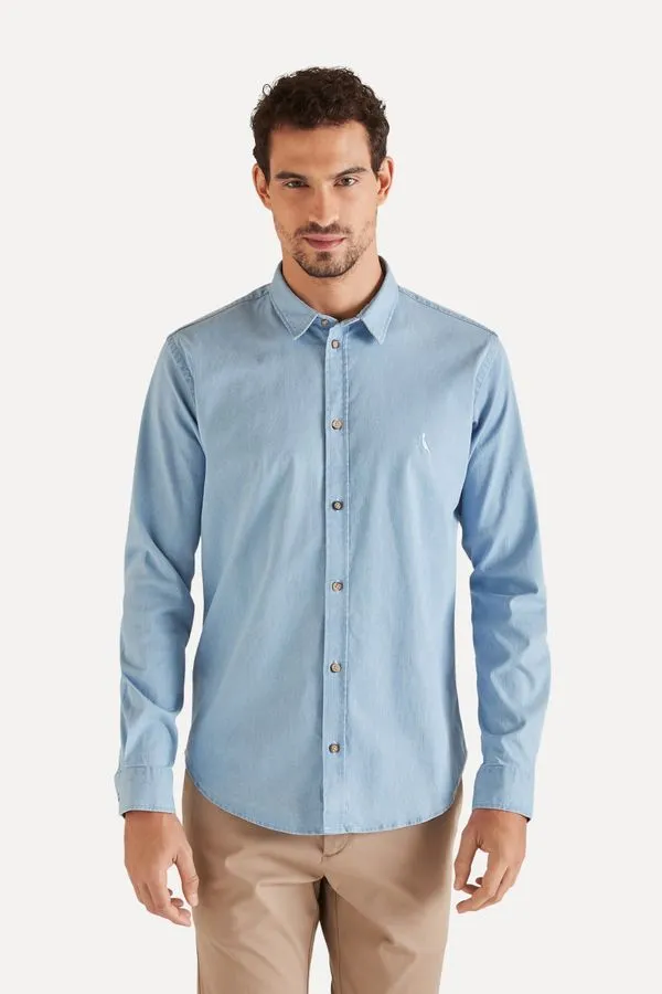 Camisa Jeans Elastano Claro Azul Claro - Gg