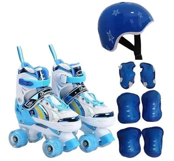 Patins Infantil Quad Ajustável+ Kit Proteção Rodas Led- AZUL- 28-32